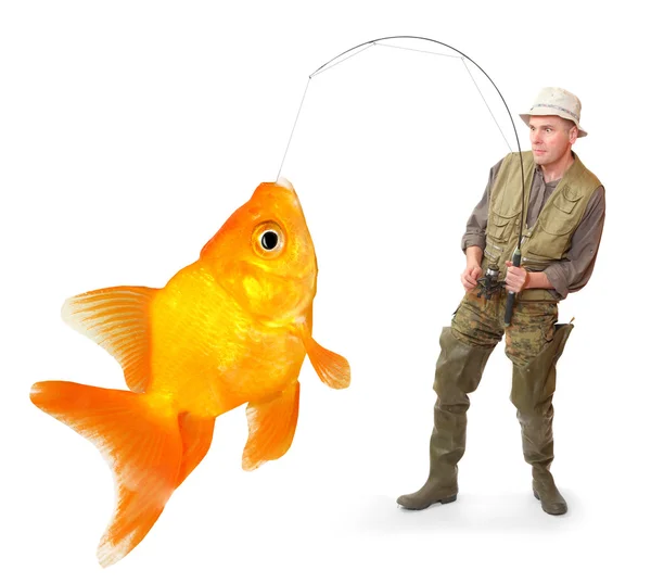 The fisherman with his big Goldfish. Successful business concept. — Stock Photo, Image