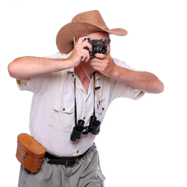 Fotografo con macchina fotografica vestito su vestito per la destinazione tropicale — Foto Stock