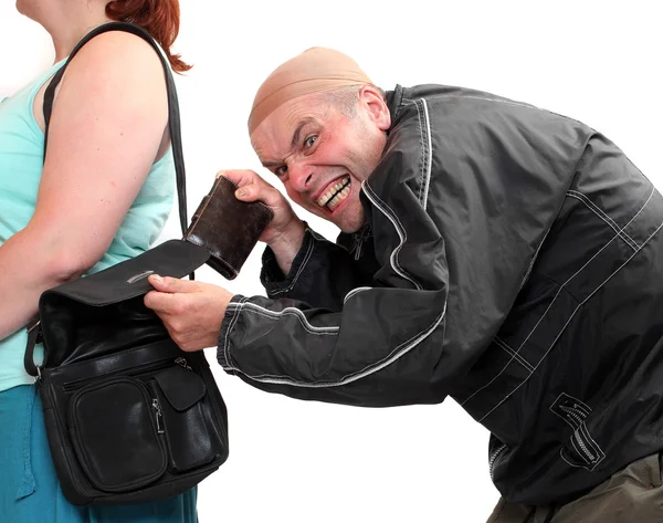 Dieb stiehlt Handtasche einer Frau Versicherungskonzept. — Stockfoto