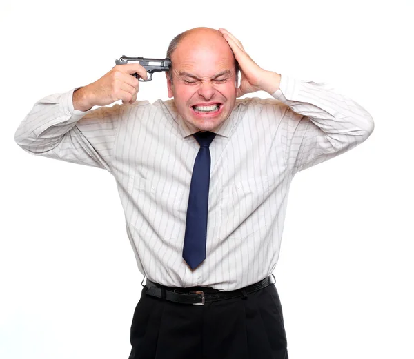 Frustrated businessman shooting head on white background. — Stock Photo, Image