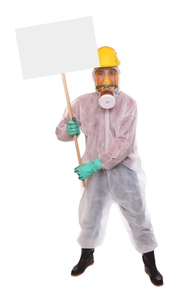 Protester in protective suit for bio-hazard with blank protest sign. — Stock Photo, Image