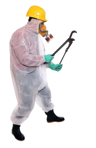 Männlicher Arbeiter im Bio-Hazard-Anzug auf weißem Hintergrund. — Stockfoto