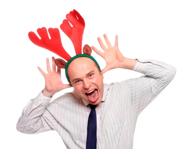 Un loco hombre de negocios con atuendo de reno. Imagen divertida ideal para la Navidad y la tarjeta de felicitación de año nuevo . — Foto de Stock