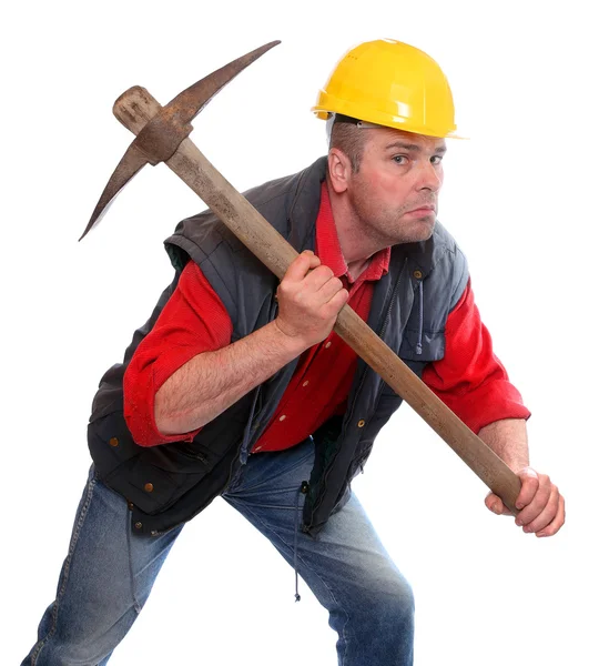 Male construction worker with pick axe on a white background. — Stock Photo, Image