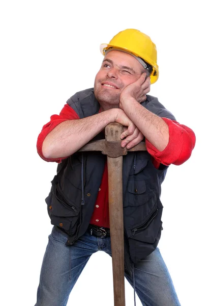 Male construction worker with pick axe on a white background. — Stock Photo, Image