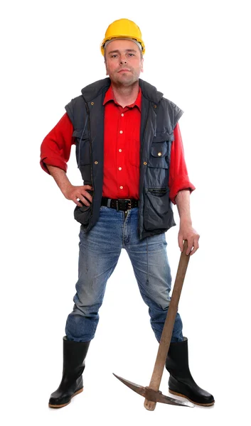 Trabajador de construcción masculino con hacha de pico sobre fondo blanco . —  Fotos de Stock
