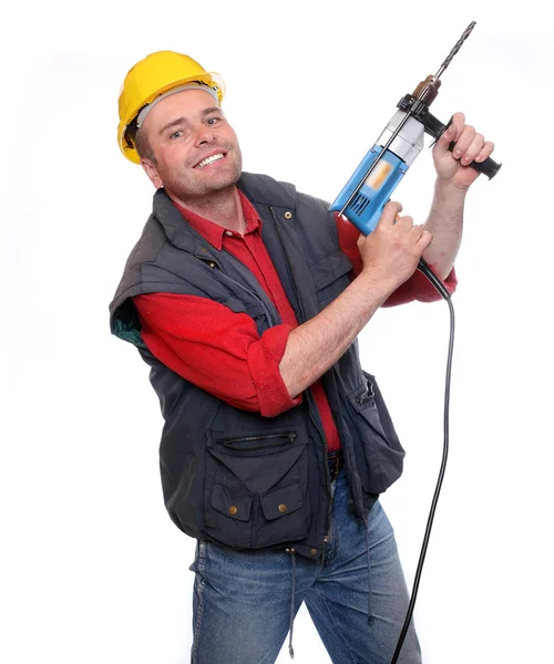 Perforación de construcción trabajador masculino sobre un fondo blanco . —  Fotos de Stock