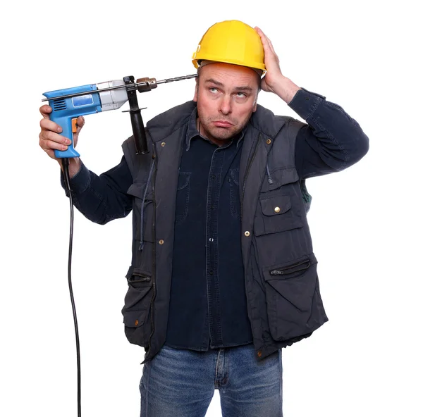 Travailleur frustré essayant de se suicider sur fond blanc. Métaphore du stress . — Photo