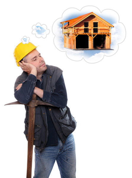 Tired construction worker dreaming on his pick axe.