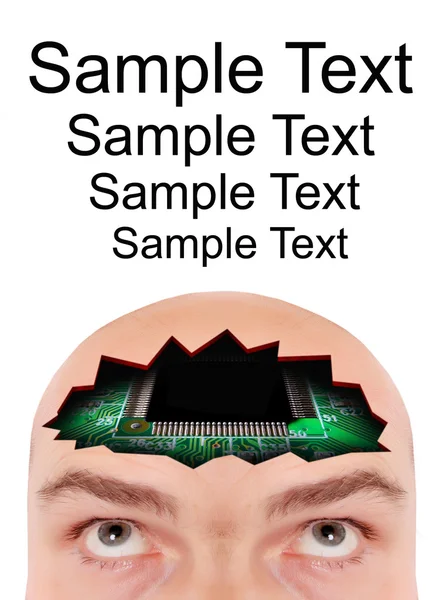 Männerkopf mit Computerteil und leicht abnehmbarem Text. konzeptuelles Bild - Metapher der digitalen Technologie. — Stockfoto