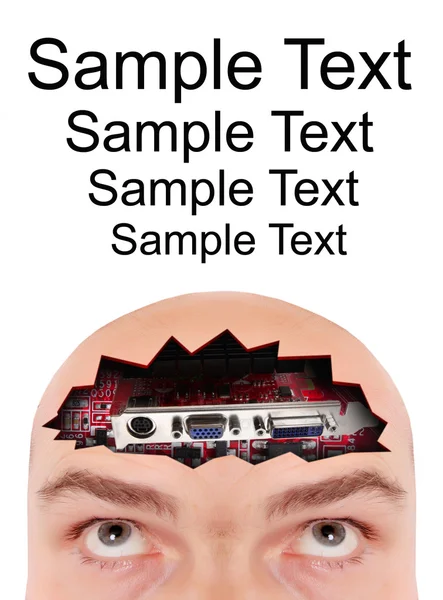 Men's head with computer part and easy removable text. Conceptual image - digital technology metaphor. — Stock Photo, Image