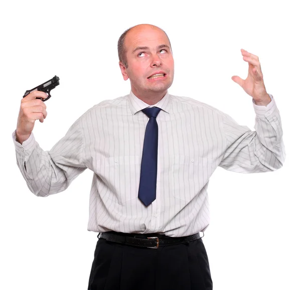Frustrated businessman shooting head on white background. Stock Picture