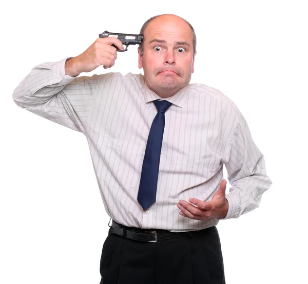 Frustrated businessman shooting head on white background. Stock Image