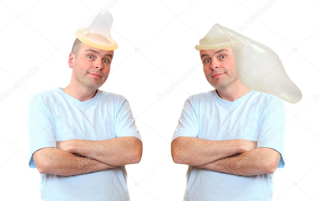 The gay couple with condoms on a their heads