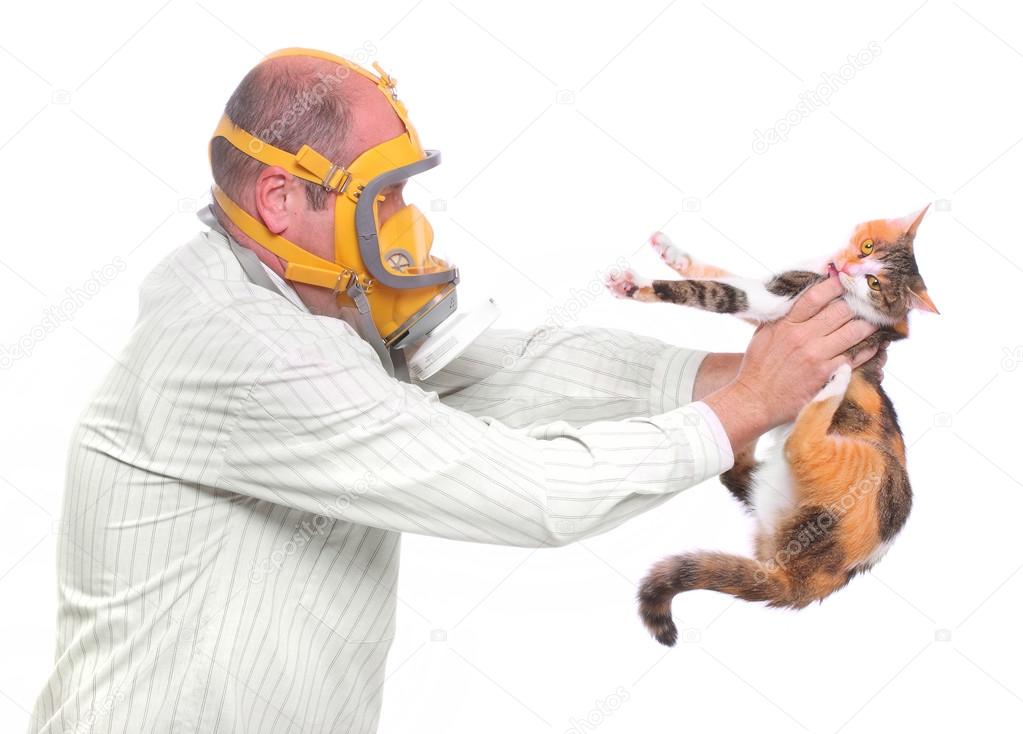 Male scientist in respirator holding test cat