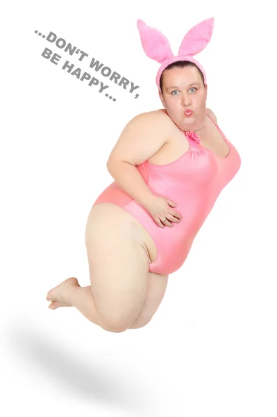 Rolig bild av en plus size kvinna i baddräkt och kaninöron. Glad påsk koncept. — Stockfoto