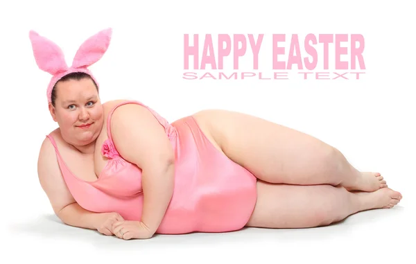 Lustiges Bild einer Plus-Size-Frau in Badeanzug und Hasenohren. Frohe Ostern. — Stockfoto