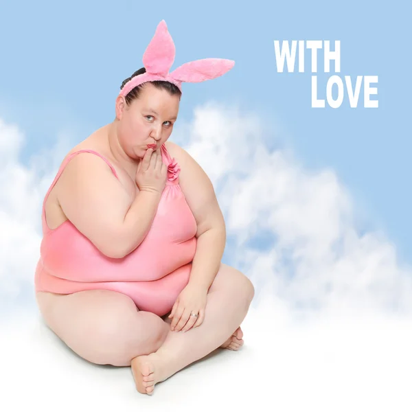 Cartolina pazza con divertente coniglietto rosa. Immagine con spazio per il testo . — Foto Stock