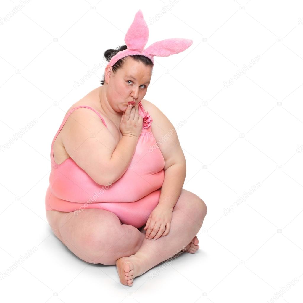 Funny picture of a plus size woman in swimsuit and rabbit ears.