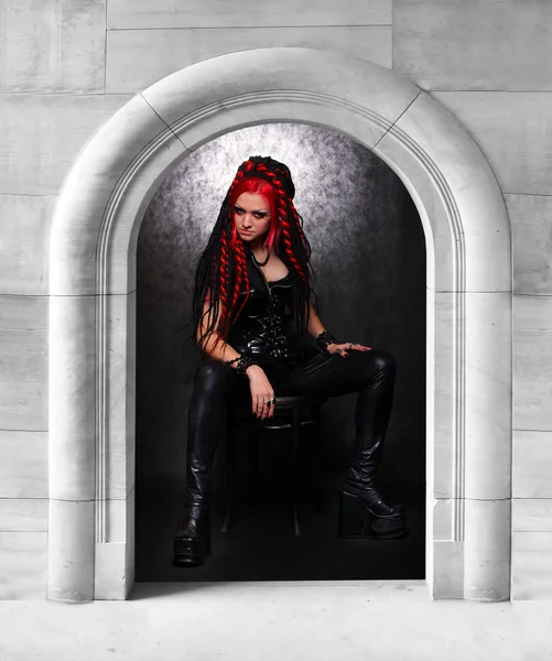 Bizarre red hair Gothic Girl in stone dungeon. — Stock Photo, Image