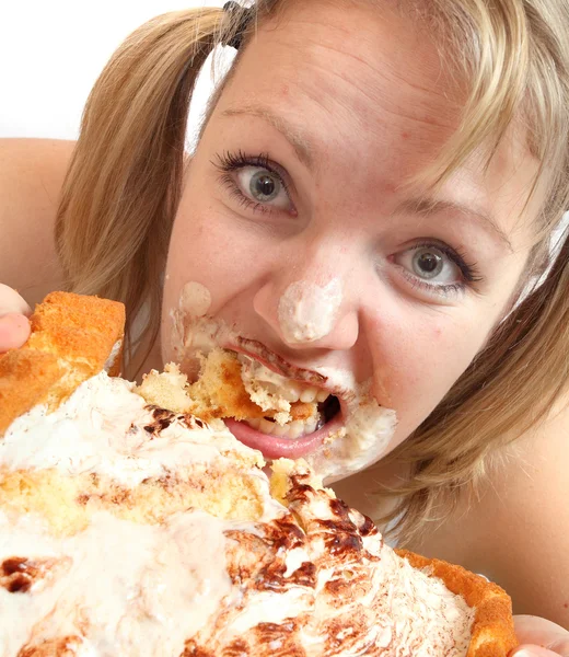 The girl greedy eats sweet pie — Stock Photo, Image