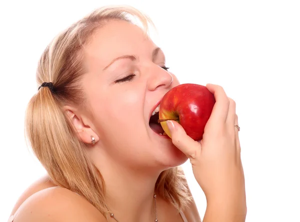 Bild einer übergewichtigen Frau mit frischem reifen Apfel. — Stockfoto