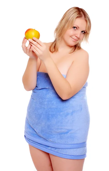 Picture of overweight woman with fresh ripe apple. — Stock Photo, Image