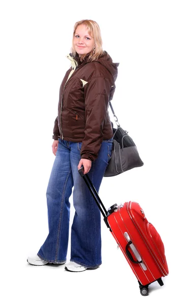 Girl with red suitcase — Stock Photo, Image