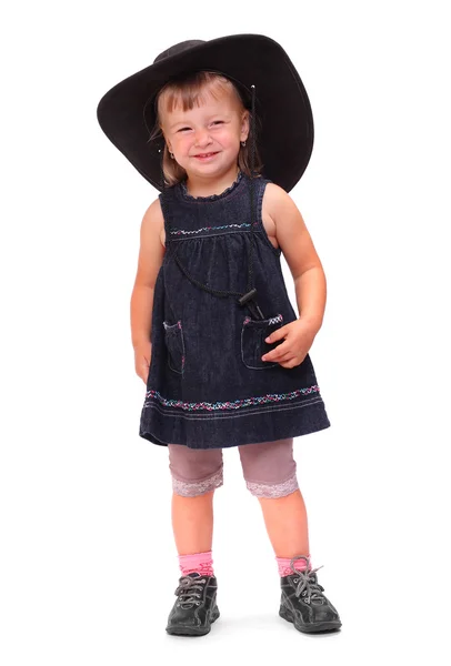 Little girl with big hat on a white background. — Stock Photo, Image