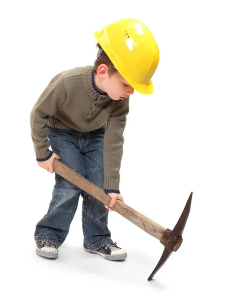 Pequeno trabalhador com machado picareta — Fotografia de Stock