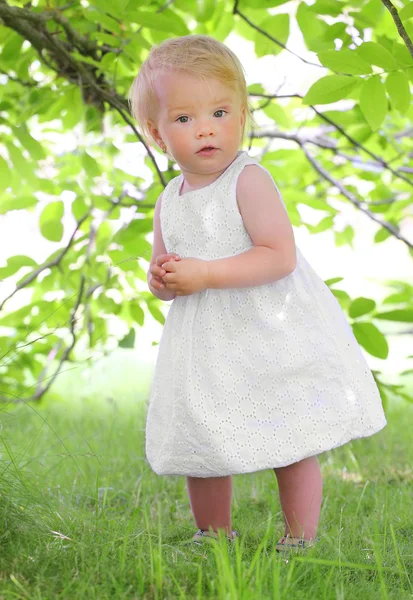 Kleines Bauernmädchen unter einem Wallnussbaum in einem ländlichen Garten. — Stockfoto