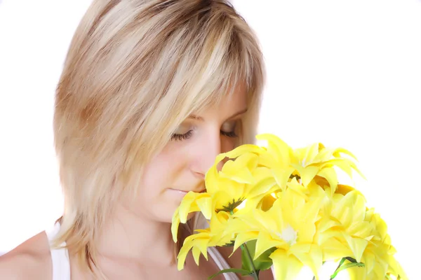 Portrait beautiful girl with flowers — Stock Photo, Image