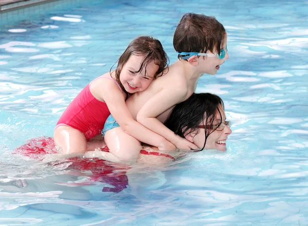 Familia feliz nadando en una piscina . Fotos De Stock