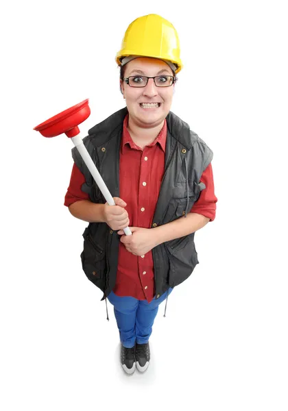 Funny repairwoman with red toilet plunger. — Stock Photo, Image