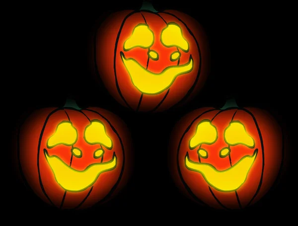 Três abóboras halloween em um fundo preto escuro . — Fotografia de Stock