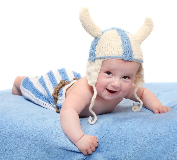 Little viking in handmade knitted costume. — Stock Photo, Image