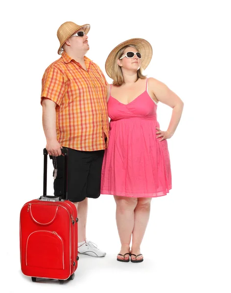 Funny obese couple going to holidays. — Stock Photo, Image