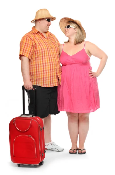 Pareja obesa divertida yendo de vacaciones . — Foto de Stock