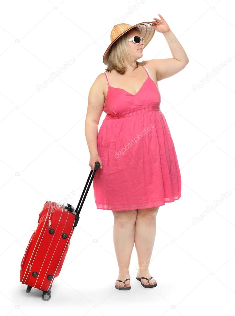 Funny overweight woman in beach clothes going to vacations.