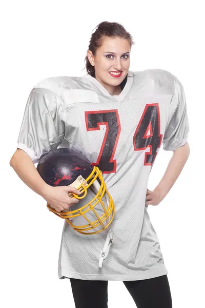 Frau im Fußball-Schutzanzug. — Stockfoto