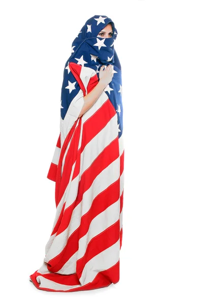 Mulher vestida de bandeira americana. Censor e conceito de liberdade de expressão . — Fotografia de Stock