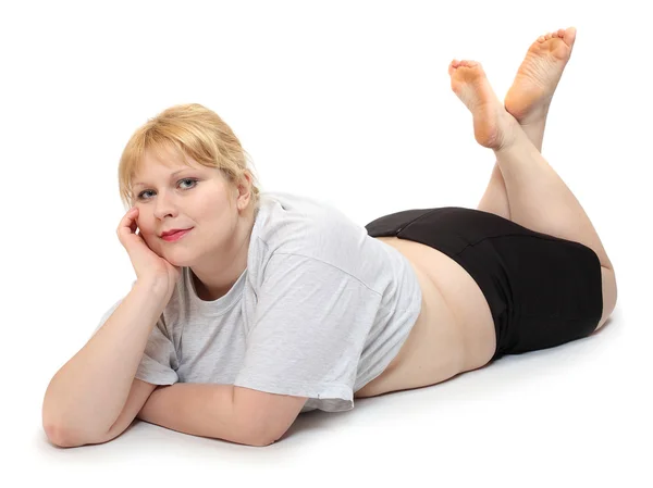 Kobieta na białym tle nadwaga. — Zdjęcie stockowe