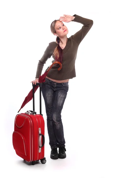 Young woman going on vacation with her suitcase. — Stock Photo, Image