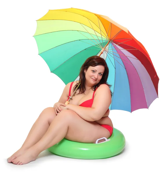 Funny obese woman on the beach. — Stock Photo, Image