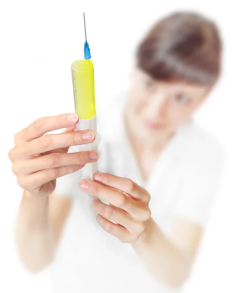 Big syringe with vaccine in physician's hands — Stock Photo, Image