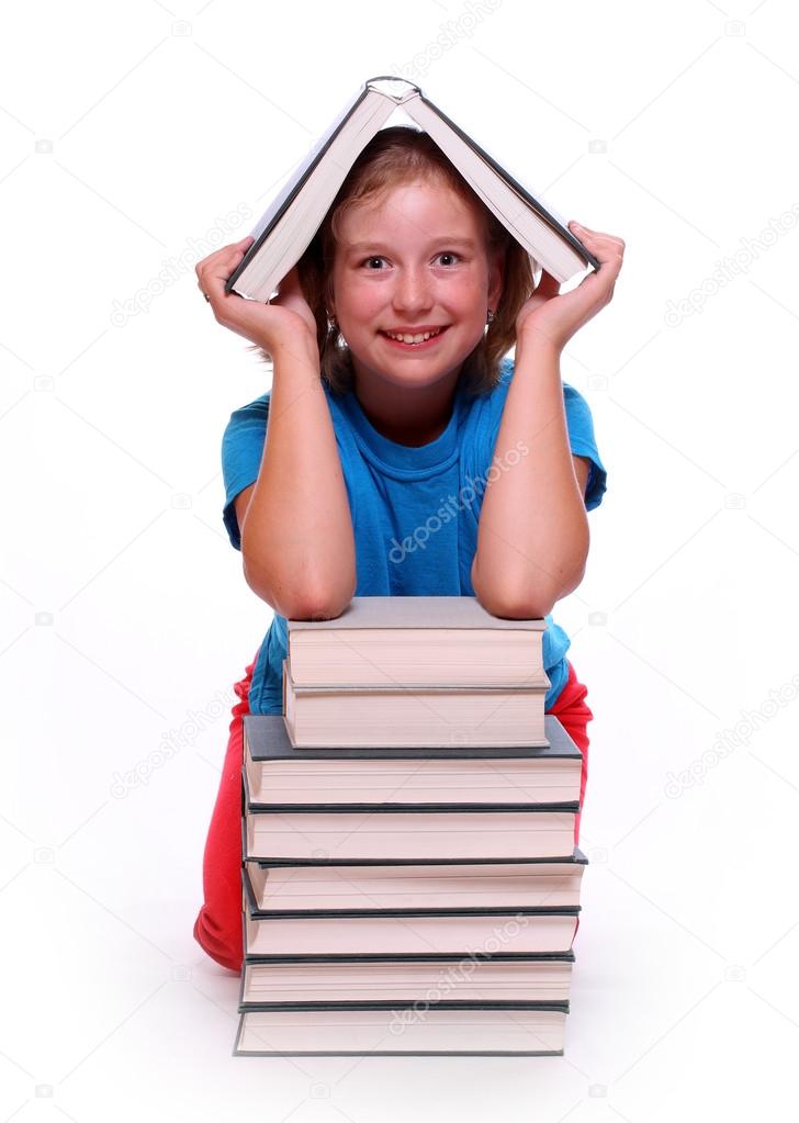 Happy girl with books.