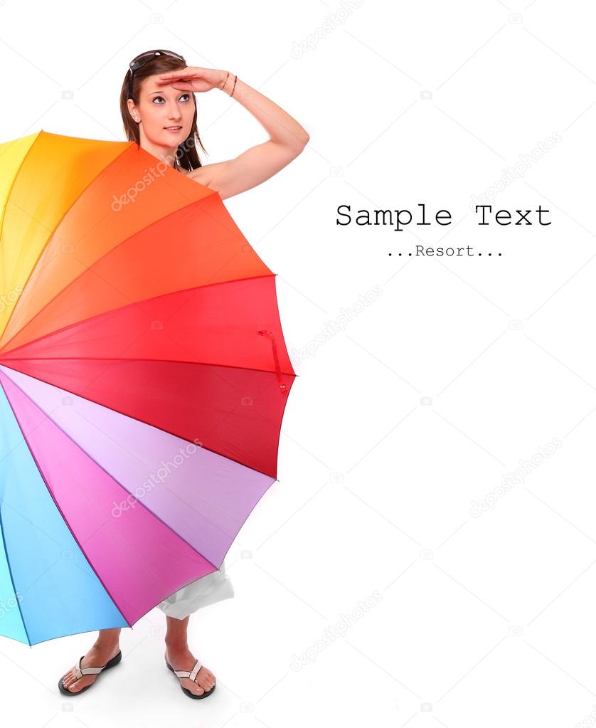 Happy young woman and umbrella with space for your text.