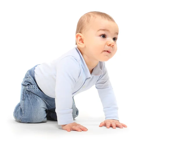 Engraçado criança menino jogando em um fundo branco . — Fotografia de Stock