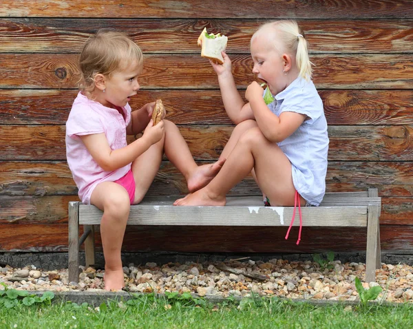 Dzieci wiejskich piknik na ławce. — Zdjęcie stockowe