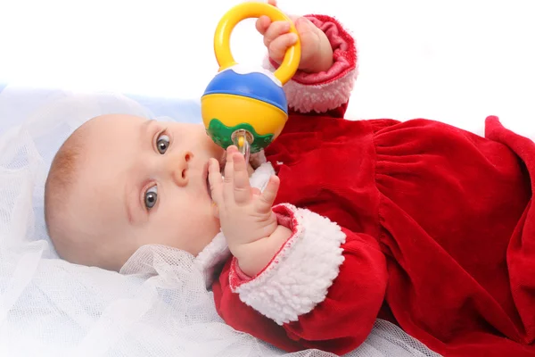 Söt baby klädd som santa. bra för kalender och jul hälsningar. — Stockfoto